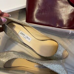 Jimmy Choo Silver Glitter Peep Toe Heels